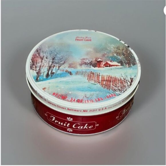 VTG Shirley Jean Fruit Cake Tin Christmas Holiday Winter Red Barn Baltimore MD - Picture 1 of 9